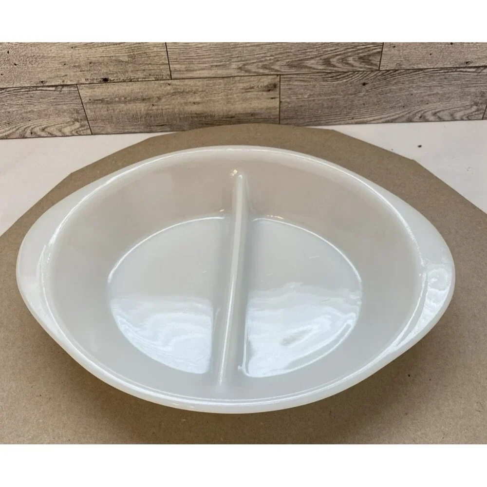 Vintage GLASBAKE White Milk Glass Oval Divided Baking Serving Dish J-2352 USA